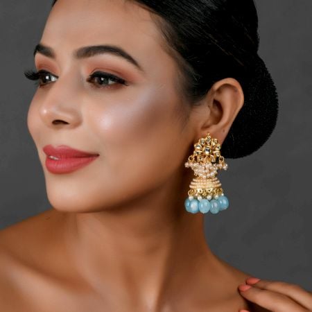 Floral Mirror Petal Earrings with Pearl & Blue Bead Drops Pair